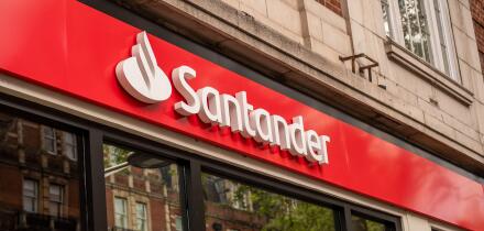 LONDON- APRIL 22, 2025: Santander Bank logo on branch. High Street retail and commercial bank
