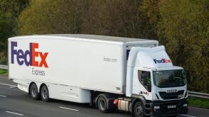 FedEx HGV lorry travelling on the M3 motorway, England, UK