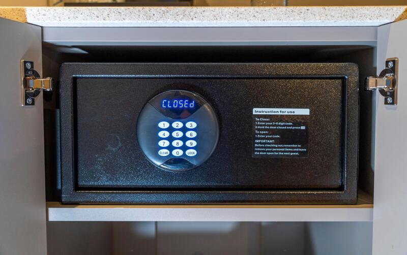 Room safe in a hotel, keypad for entering a 6-digit numerical code to lock the safe in order to deposit valuables