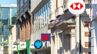 Row of high street banks (Lloyds, Barclays, Nat West & HSBC), High Street, Staines-upon-Thames, Surrey, England, United Kingdom