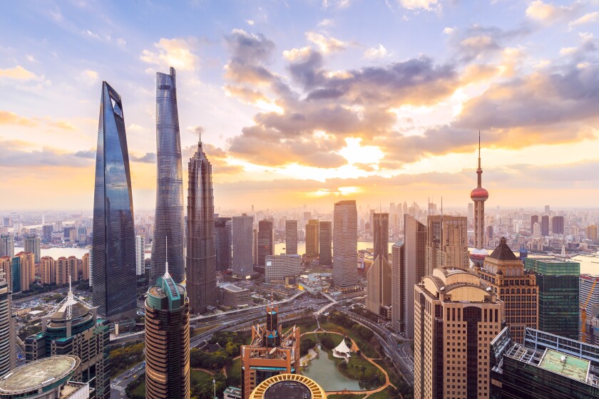 Shanghai skyline and cityscape at sunset