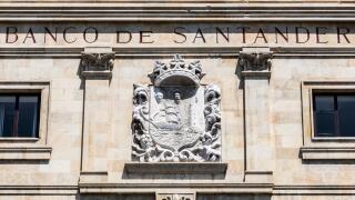 Santander, Spain. Detail of the Edificio Banco de Santander withh its coat of arms, a neoclassical building headquarters of the Banco Santander in the