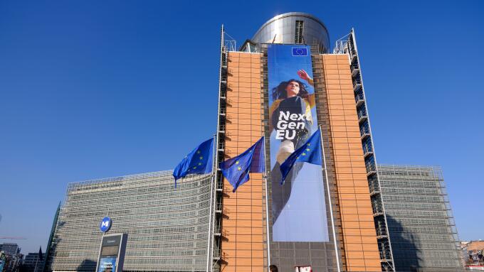 Belgium, Brussels: the Berlaymont building and poster for the Next Generation EU