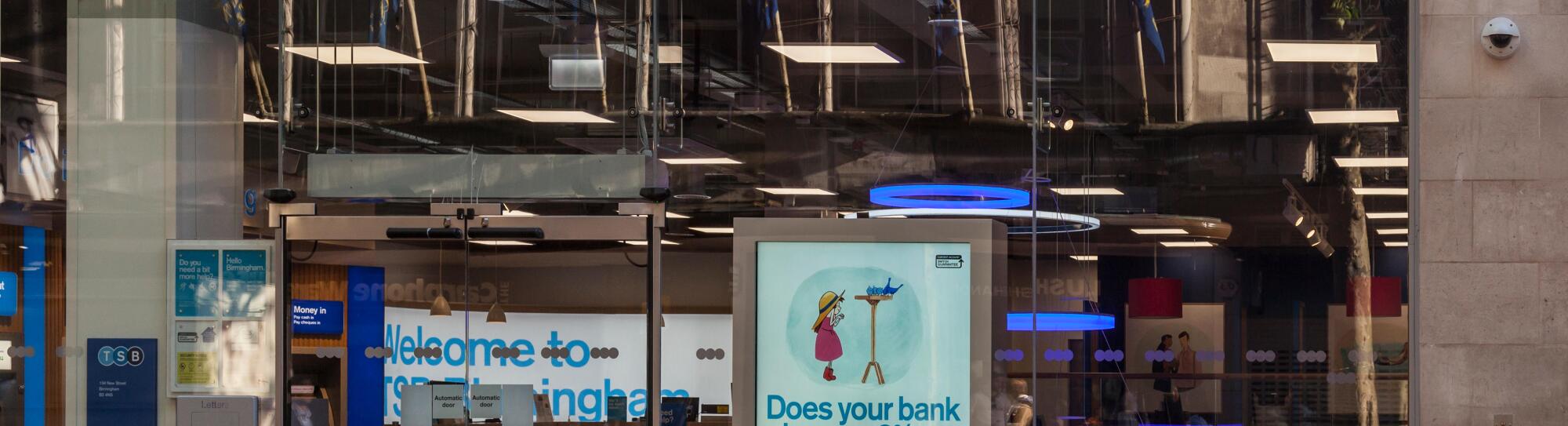 Frontage of the branch of the Trustee Savings Bank ( 'TSB') in New Street, Birmingham, England, UK. Part of the Spanish Sabadell group.