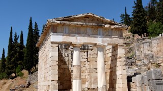 The Treasury of the Athenians. Delphi , UNESCO World Heritage Site, Peloponnese, Greece, Europe