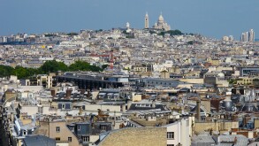 The Paris skyline looking towards Montmartre and the landmark Sacre Coeur church in Paris