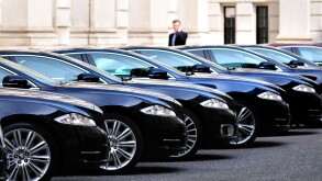 London, England, UK. King Charles Street. Official Government cars (Jaguar) parked by the Foreign Office