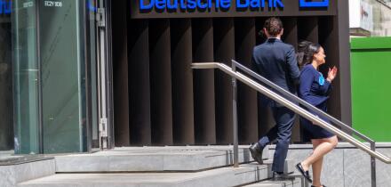 People descend the steps from the Deutsche Bank headquarters in Moorgate, London, UK ? a major financial institution located in the heart of the City of London?s banking district.