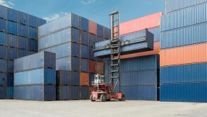 Crane lift up container box loading to cargo container depot use for logistics import export.