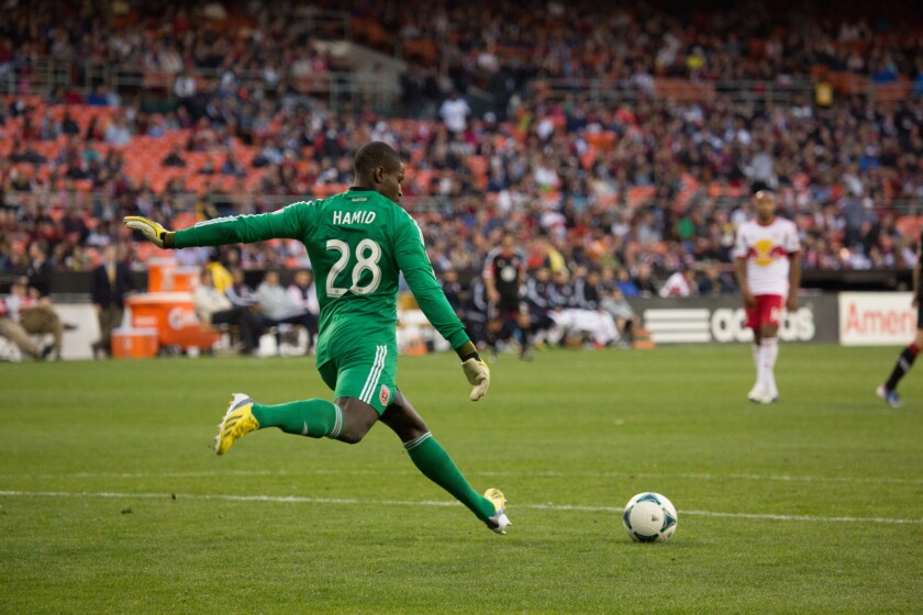 April 13th 2013 D.C United Goalkeeper (28) Bill Hamid sets to kick off the ball from the 18 yard line. NY RedBulls goes on to de