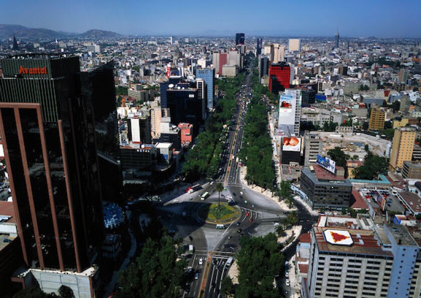 aerial view above Avantel tower La Palma glorietta Paseo de La Reforma Avenue Mexico City