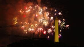 Independence Day fireworks explode behind the Washington Monument in Washington, DC, on July 4, 2023.