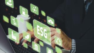 Businessman touching ESG Environmental Social Governance virtual screen Internet Business Technology Concept.