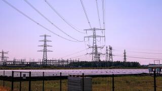 High voltage powerlines of Tennet at powerstation Hessenweg in Zwolle in the Netherlands