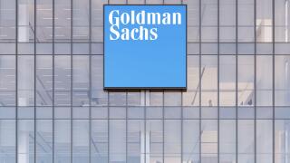 New York, NY, USA. May 2, 2022. Editorial Use Only, 3D CGI. Goldman Sachs Signage Logo on Top of Glass Building. Workplace of Investment Banking Compa