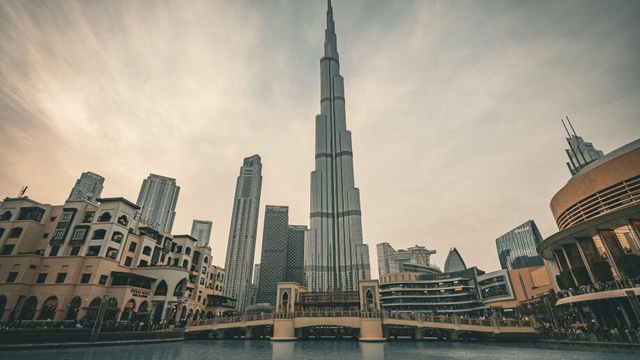 Burj Khalifa tower view from the Dubai Mall area  in Dubai UAE