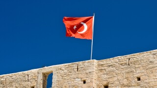 Cesme Fort ( 1508 ) and Turkish Flag , Aegean , Turkey. Image shot 2007. Exact date unknown.