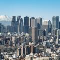 The view of the skyscrapers of Shinjuku and central Tokyo with the snow-covered peak of Mount Fuji in the distance.