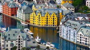 Aksla at the city of Alesund , Norway. It is a sea port, and is noted for its concentration of Art Nouveau architecture.