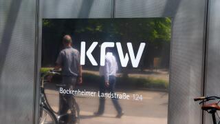 Logo of KfW (Kreditanstalt fur Wiederaufbau) in Bockenheimer LandstraBe in Frankfurt am Main (June 14, 2023)