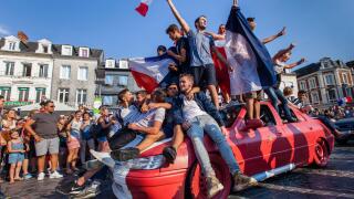 France, Eure, Risle Valley, Pont-Audemer, labeled the Most Beautiful Detours of France, nicknamed the Little Venice of Normandy, supporters of the French football team celebrate victory at the 2018 World Cup