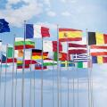 The flag of the European Union with the flags of the European Union waving in the sky ,Close-up