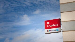 Picture of a sign with the logo of Citadele banka on their office in Riga. AS Citadele banka is a Latvian bank and financial and asset manager. The pr