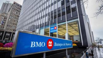 MONTREAL, CANADA - NOVEMBER 3, 2018: Bank of Montreal logo, known as BMO, in front of their main office. Called as well banque de Montreal, it is one 
