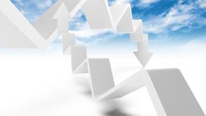 Two broken trend lines with arrows are going up and down, 3d illustration with cloudy sky photo background