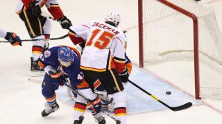 Dec. 29, 2011 - Uniondale, New York, UNITED STATES - Calgary Flames right wing TIM JACKMAN(15) scores a goal against the New York Islanders in the first period at Nassau Veterans Memorial Coliseum. (Credit Image: © Debby Wong/Southcreek/ZUMAPRESS.com)