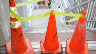 Miami Florida,Omni Center Station,Metromover,under new construction site building builder,cones,barrier,steps stairs staircase,FL080117070