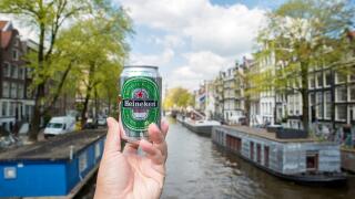 Heineken beer can place on along canal in Amsterdam, Netherlands.