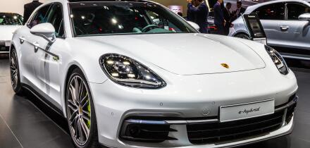 GENEVA, SWITZERLAND - MARCH 6, 2018: Porsche Panamera Turbo S E-Hybrid sports car showcased at the 88th Geneva International Motor Show.