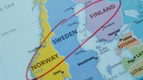 Scandinavian countries and Nordic region on map marked with a pen, Norway Sweden Finland travel route on map with red pen, travel idea, vacation