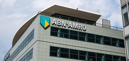 The Hague, Netherlands, August 26, 2025. ABN AMRO bank building facade in the Hague. Wide angle view, overcast summer day, no people
