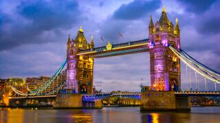 London, The United Kingdom of Great Britain: Night view of the Bridge Tower after sunset