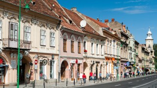 Buildings on George Baritiu street in the old town in Brasov, a city in the central Transylvania region of Romania.