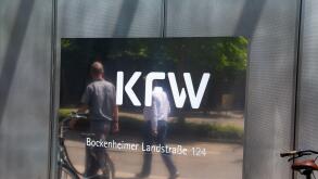 Logo of KfW (Kreditanstalt fur Wiederaufbau) in Bockenheimer LandstraBe in Frankfurt am Main (June 14, 2023)