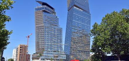 The Tours Duo, twin towers, Paris, a pair of dramatic, leaning skyscrapers, of offices, hotel and shopping, architects Atelier Jean Nouvel,