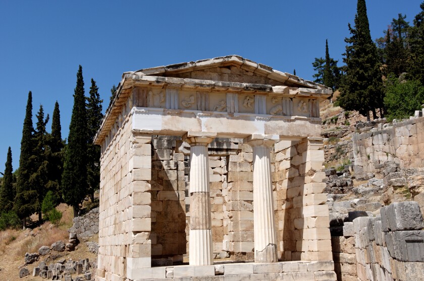 The Treasury of the Athenians. Delphi , UNESCO World Heritage Site, Peloponnese, Greece, Europe