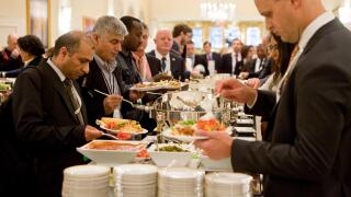 Hotel lunch buffet line during a business event - USA
