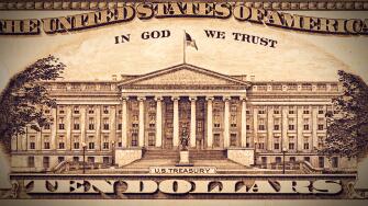closeup back side of US $100 with U.S.Treasury.