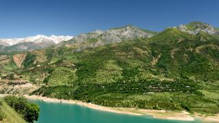 Landscape of the lake and the mountains in Ugam - Chatkal National Park, holiday destination
 of hiking and adventure-sport located near the Tashkent,