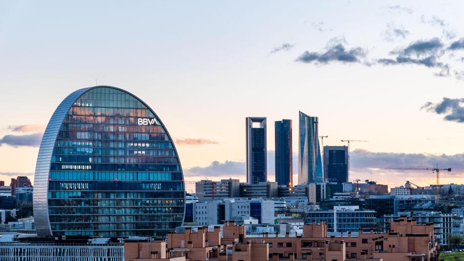 Madrid, Spain - March 7, 2020: View of the skyline of Madrid with Las Tablas residential district, BBVA office building and Cuatro Torres financial di