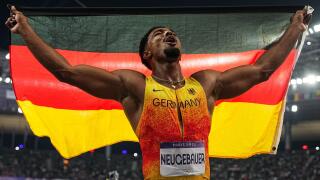 Saint Denis, France. 03rd Aug, 2024. Olympics, Paris 2024, athletics, Stade de France, decathlon, men, 1500 meters, runner-up Leo Neugebauer from Germany celebrates after the race. Credit: Michael Kappeler/dpa/Alamy Live News