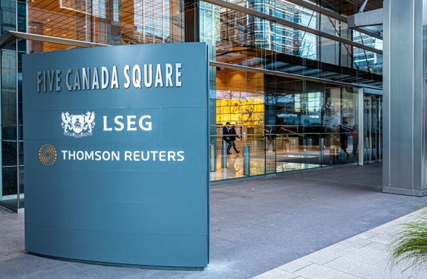 LSEG London and Thomson Reuters at Five Canada Square Canary Wharf London. 5 Canada Square houses the London Stock Exchange Group and Thomson Reuters.