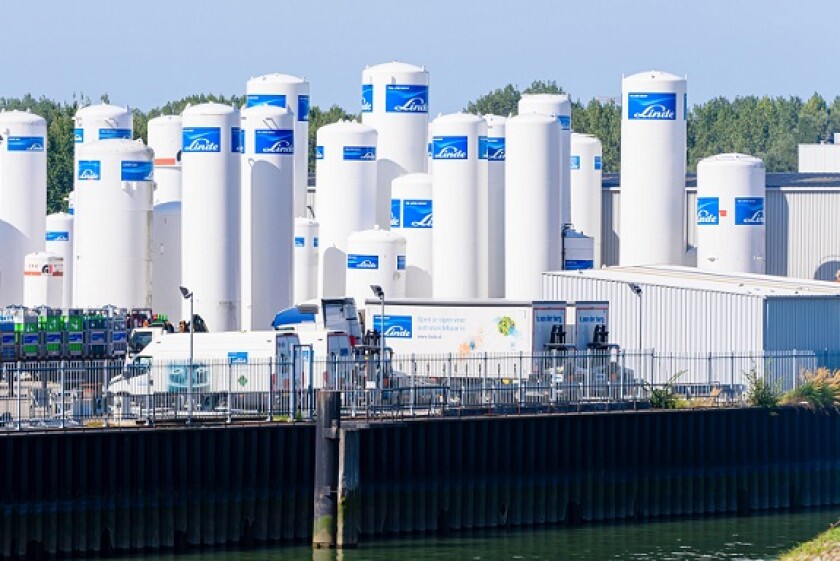 Industrial gas storage tanks from world's largest supplier of industrial gases, Linde, Rotterdam, Netherlands.