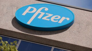Pfizer pharmaceutical company sign, logo
