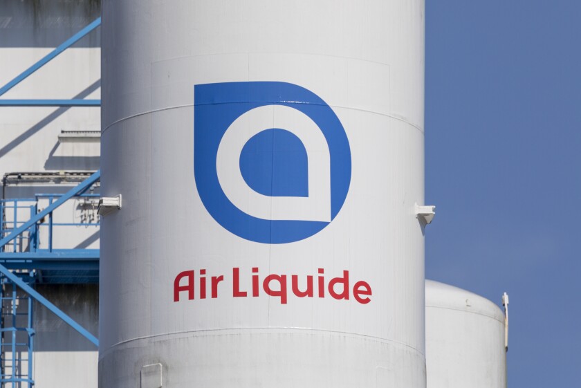 Air Liquide company logo on gas tank at German plant