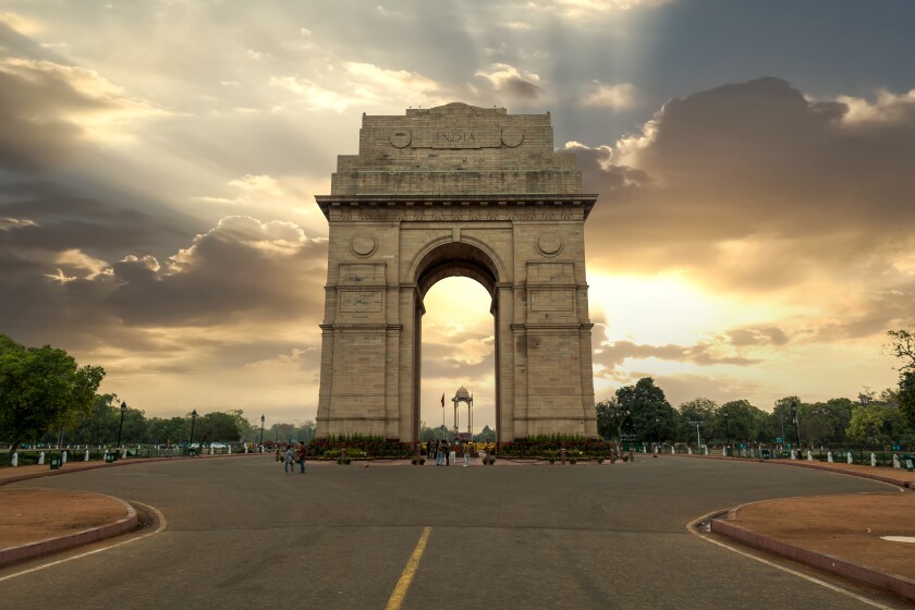 Historic India Gate Delhi - A war memorial on Rajpath road New Delhi at sunrise.